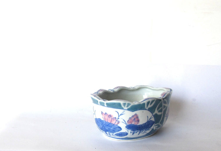 Asian ceramic planter. Small planter.Floral pottery flower pot. Lotus flowers are painted on the outside.