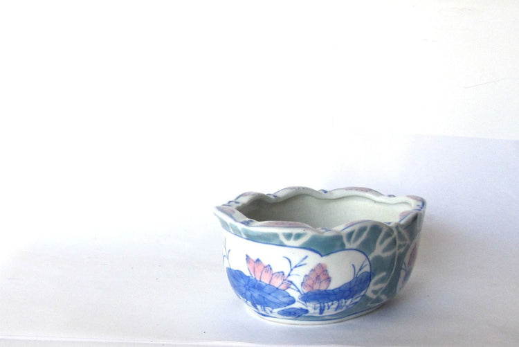 Asian ceramic planter. Small planter.Floral pottery flower pot. Lotus flowers are painted on the outside.