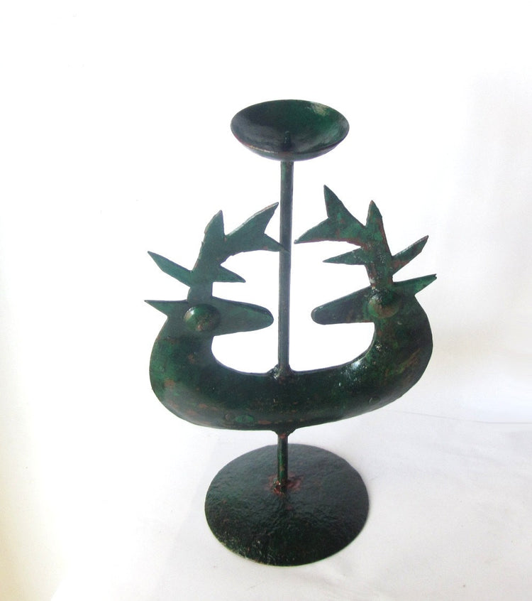 Farmhouse chic decor. Rustic candle holder. Rusty metal. Green candle holder. Metal candle holder. Iron candle holder. Deer candle holder.