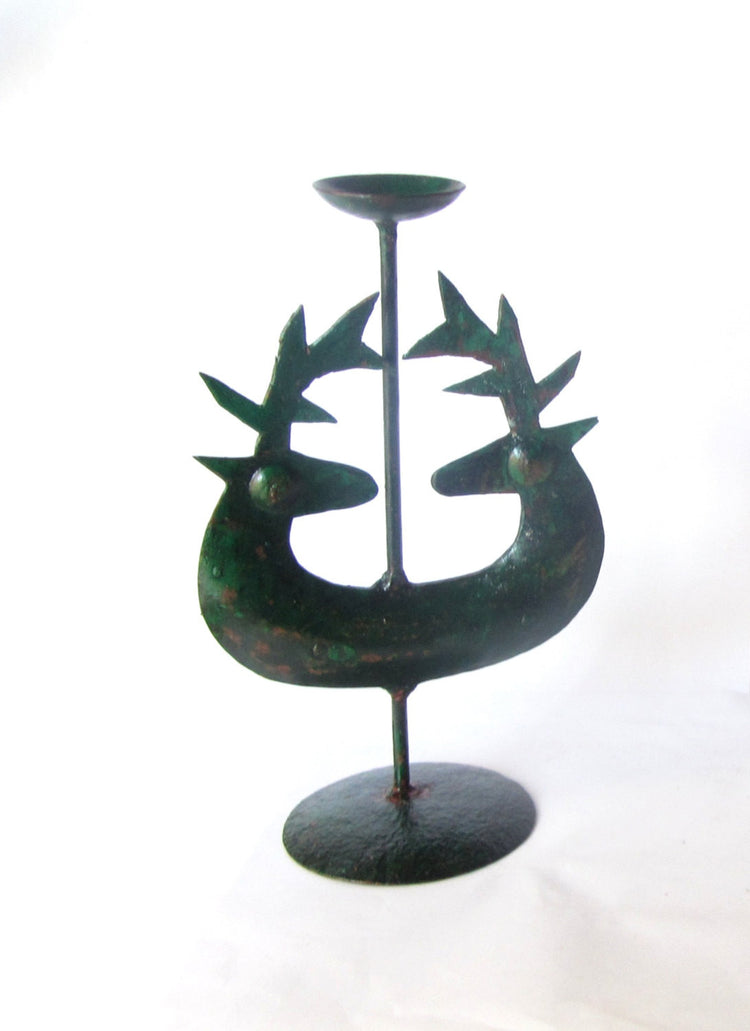 Farmhouse chic decor. Rustic candle holder. Rusty metal. Green candle holder. Metal candle holder. Iron candle holder. Deer candle holder.