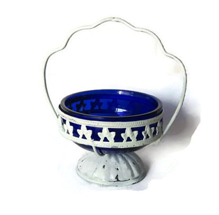 Blue trinket dish. Cobalt blue candy basket. Glass candy bowl. Sugar cubes bowl. Handled distressed shabby chic dish. Upcycled vintage.