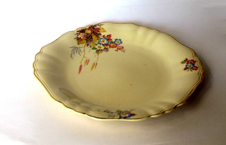 Serving platter. Mid century ceramic. Floral china. Gold trim. Trinket tray. Porcelain dinnerware. Porcelain platter. J G Meakin. Sunshine.
