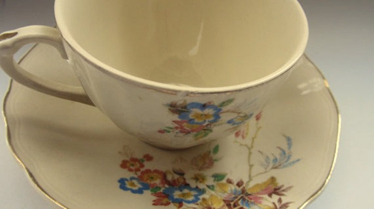 Tea cup and saucer. Floral china. Mid century ceramic. Gold trim. China dishes. Porcelain dish. Floral tea cup. J G Meakin. Sunshine series.