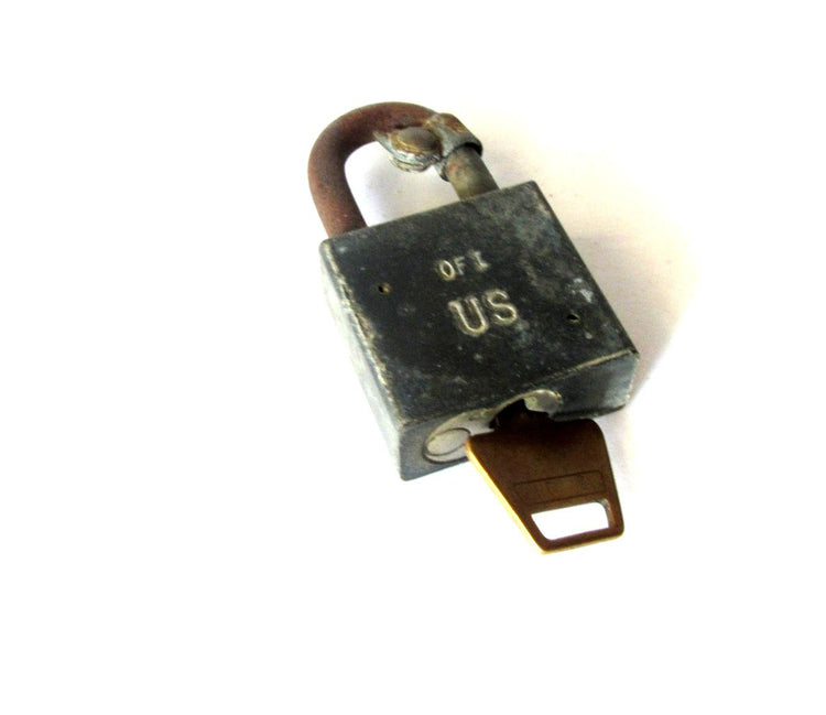 Padlock. Old metal lock. Rusty metal. Us army and government official lock. Made by the American lock company. Series 5200. Vintage.