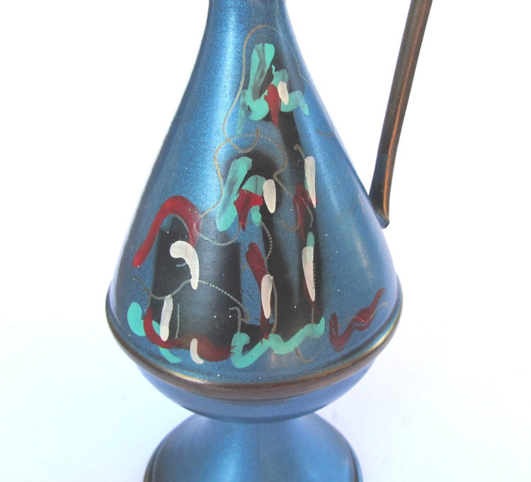 Blue vase. Small vase. Bud vase. Hand painted copper. Jerusalem pedestal handled vase. Copper pitcher. Vintage. Made in Israel.
