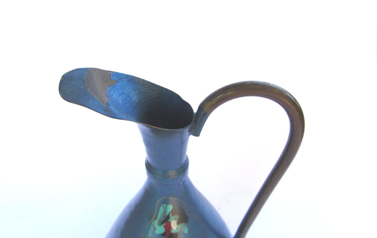 Blue vase. Small vase. Bud vase. Hand painted copper. Jerusalem pedestal handled vase. Copper pitcher. Vintage. Made in Israel.
