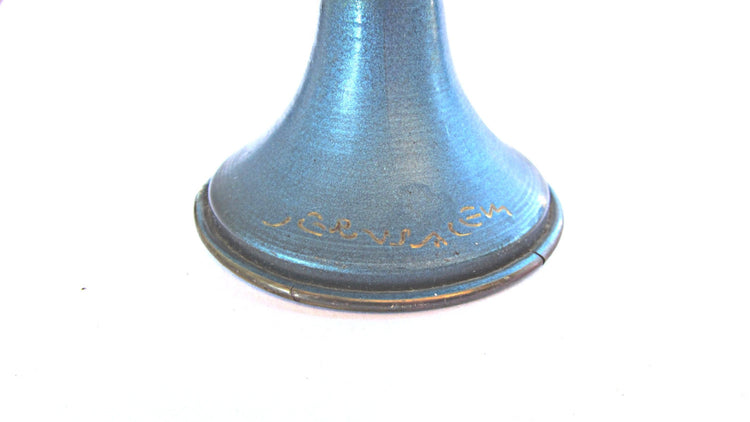 Blue vase. Small vase. Bud vase. Hand painted copper. Jerusalem pedestal handled vase. Copper pitcher. Vintage. Made in Israel.