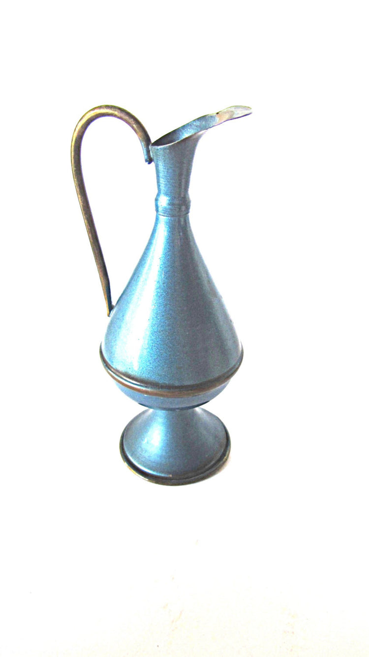 Blue vase. Small vase. Bud vase. Hand painted copper. Jerusalem pedestal handled vase. Copper pitcher. Vintage. Made in Israel.