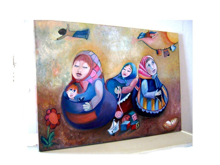 Canvas oil painting. Surreal art. Oil on canvas. Surreal painting. Matryoshka. Babushka. Motherhood art. Surrealist. Mothers day gift.