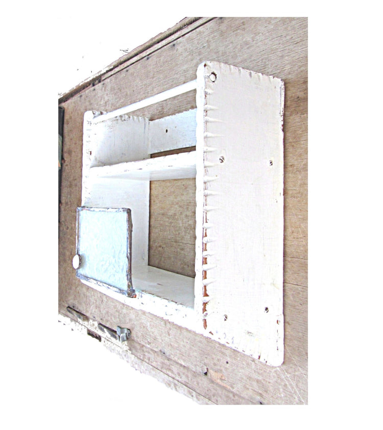 French country kitchen. Upcycled wood. Kitchen rack. Spice rack. Key organizer. Vintage spice rack. White distressed. Mid century glass.