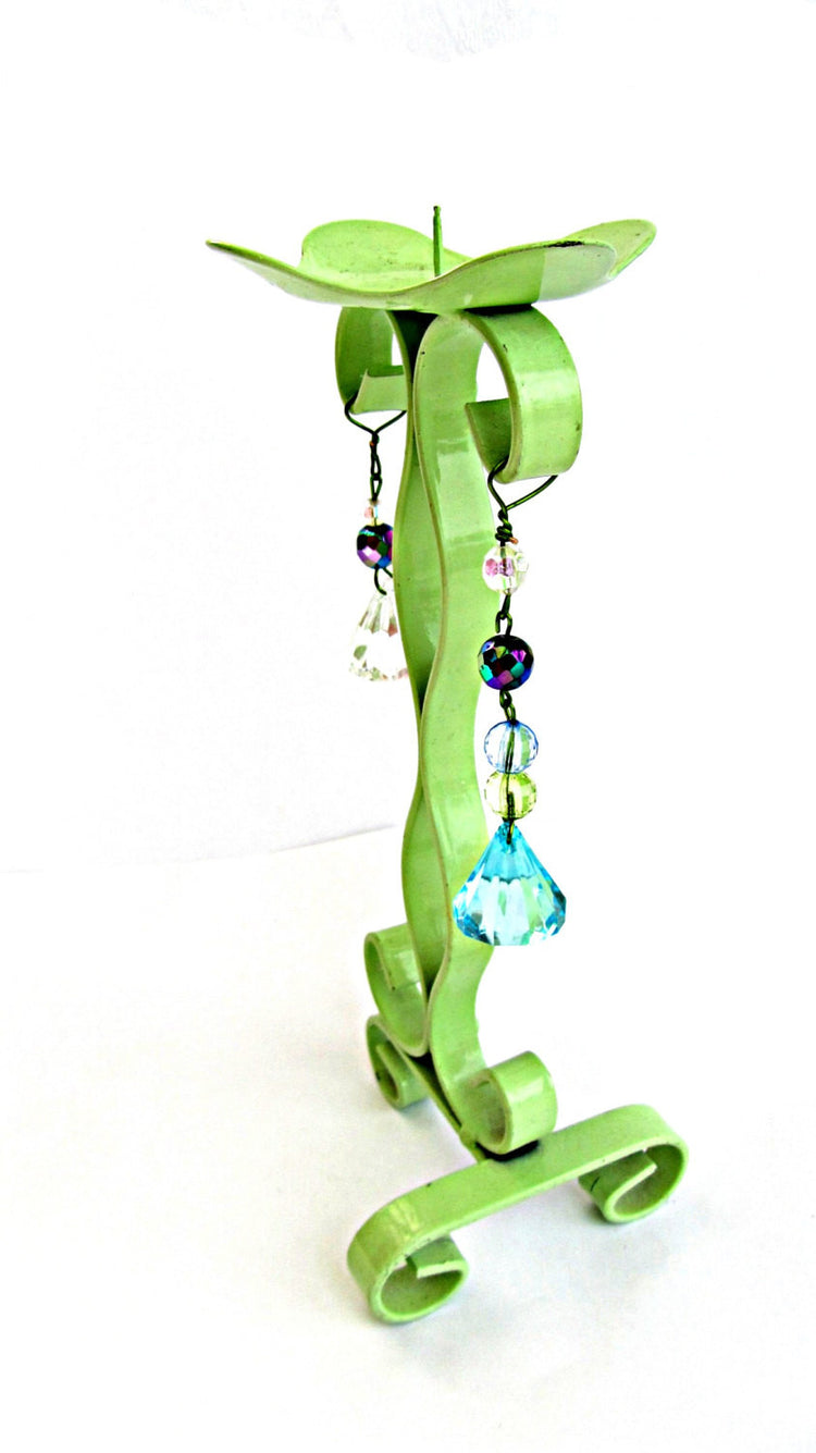 Candlestick holder. Green candle holder. Metal candle holder. Large candle. Painted candle holder. Beaded. Upcycled. Vintage.