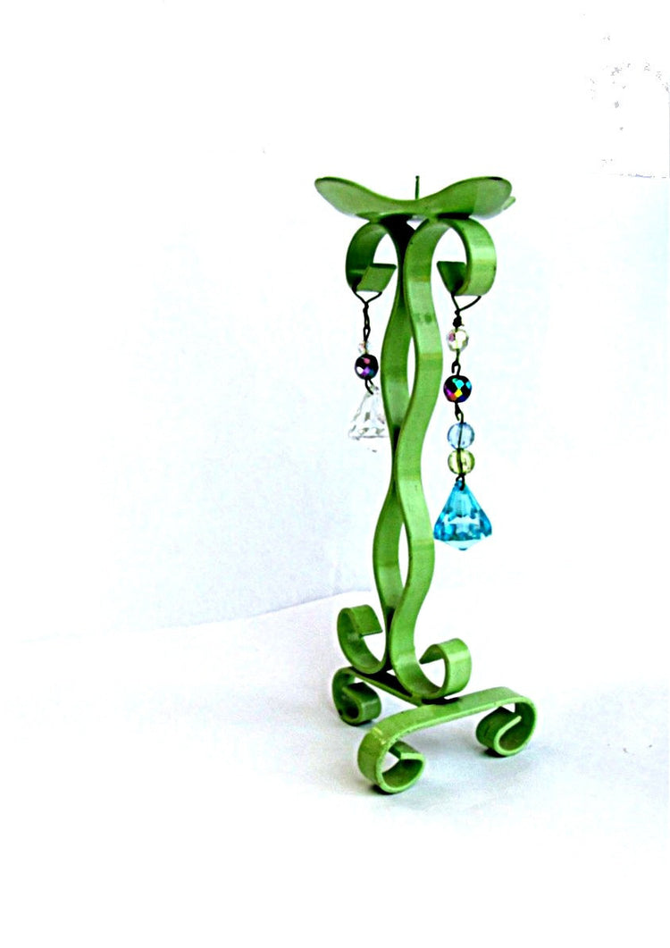 Candlestick holder. Green candle holder. Metal candle holder. Large candle. Painted candle holder. Beaded. Upcycled. Vintage.