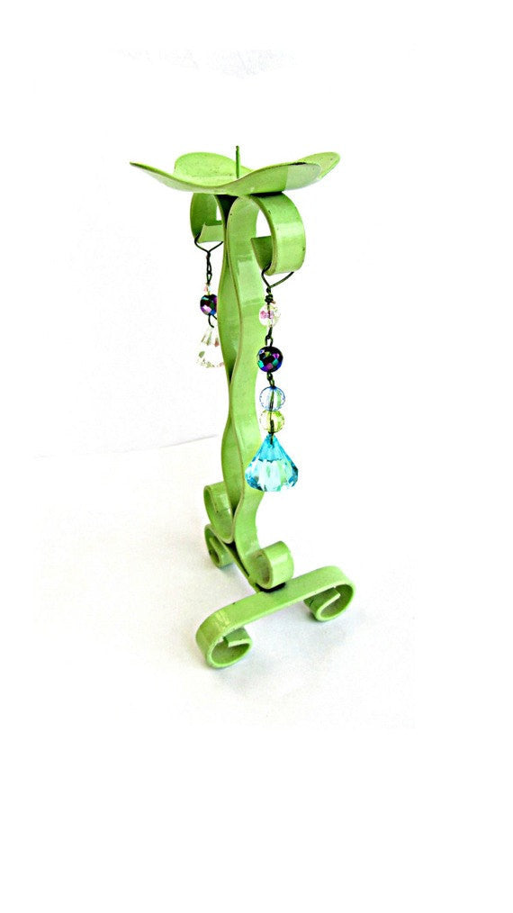 Candlestick holder. Green candle holder. Metal candle holder. Large candle. Painted candle holder. Beaded. Upcycled. Vintage.