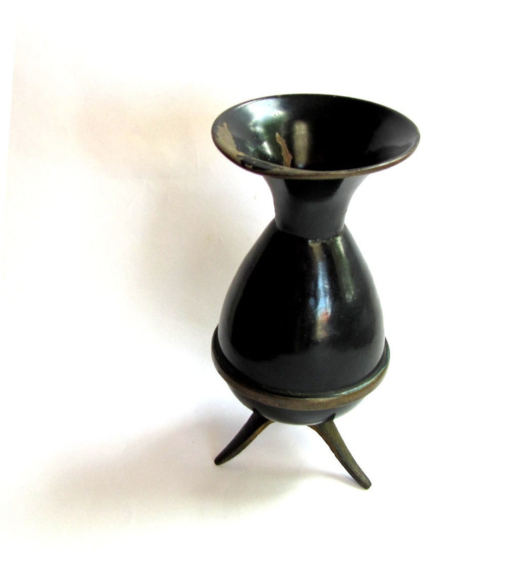 Small vase. Vintage small vase. Painted vase. Floral vase. Rose vase. Black vase. Israel art. Metal vase. Copper vase. Footed. True vintage.