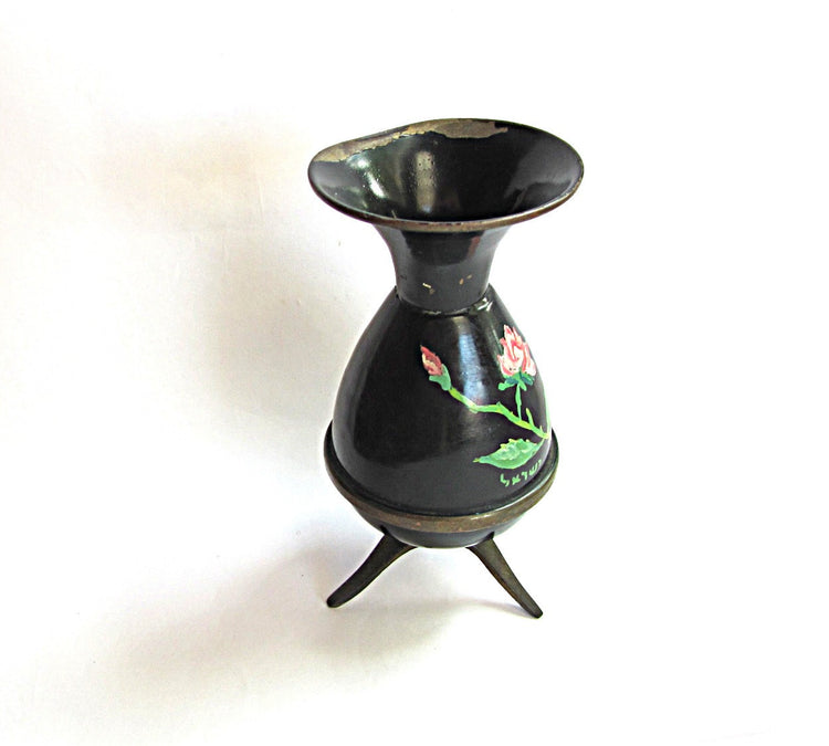 Small vase. Vintage small vase. Painted vase. Floral vase. Rose vase. Black vase. Israel art. Metal vase. Copper vase. Footed. True vintage.