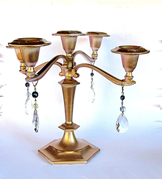 Metal candle holder. Candelabra vintage. Gold candle holder. Painted candle holder. Pewter beaded candelabra. Wedding decor.