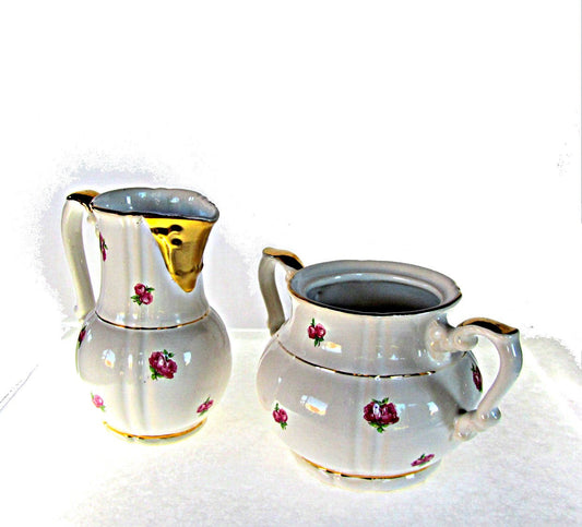 Ceramic set. White porcelain. Gold trim. Floral dishes. Sugar bowl. Creamer. Porcelain dishes. Vintage sugar bowl and creamer with roses.