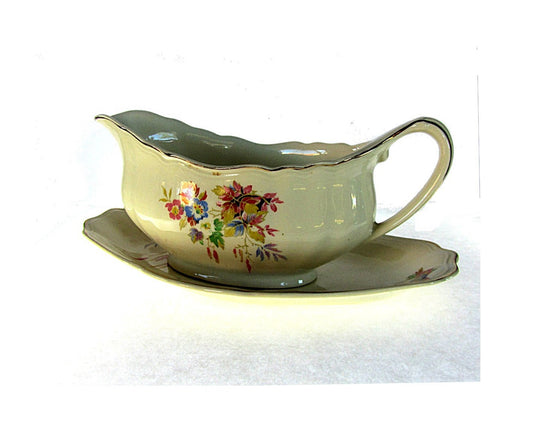 Floral china. Yellow china. Mid century china. Gold trim china. Gravy boat. Porcelain dinnerware. Gravy bowl. J G Meakin. Sunshine series.