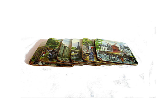 Art coasters. Vintage coasters. Cork coasters. Plastic coasters. Coffee coasters. Square coasters. Paris souvenir. Paris paintings coasters.