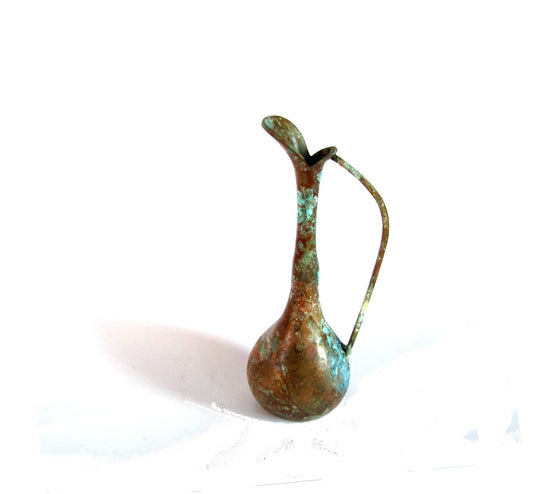 Vintage pitcher. Small vase. Bud vase. Rustic vase. Copper patina. Small pitcher. Metal vase. Copper vase. Long neck copper vase with patina