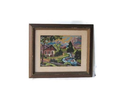 Landscape wall art. Vintage embroidery. Embroidery wall art. Framed embroidery. Needlepoint vintage. Framed needlepoint. Vintage wood frame.