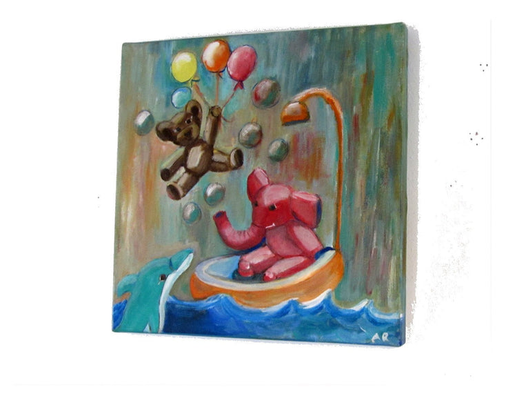Elephant art nursery. Painting for kids. Canvas nursery art. Elephant painting. Balloons nursery art. Bubbles art. Blue nursery painting.