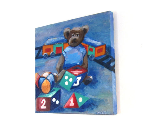 Nursery painting. Painting for kids. Canvas nursery art. Childrens toys art. Teddy bear art. Toy blocks. Toy train. Blue nursery painting.