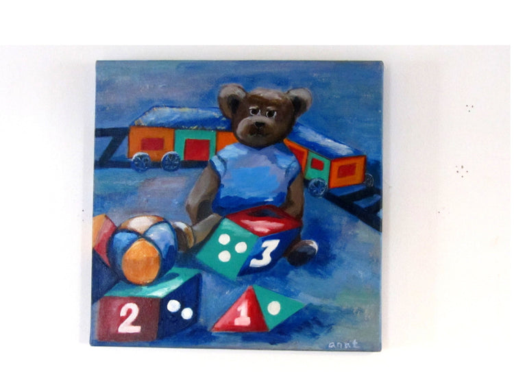 Nursery painting. Painting for kids. Canvas nursery art. Childrens toys art. Teddy bear art. Toy blocks. Toy train. Blue nursery painting.
