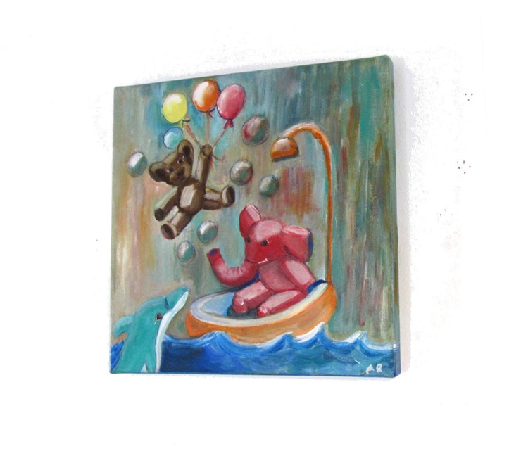 Elephant art nursery. Painting for kids. Canvas nursery art. Elephant painting. Balloons nursery art. Bubbles art. Blue nursery painting.