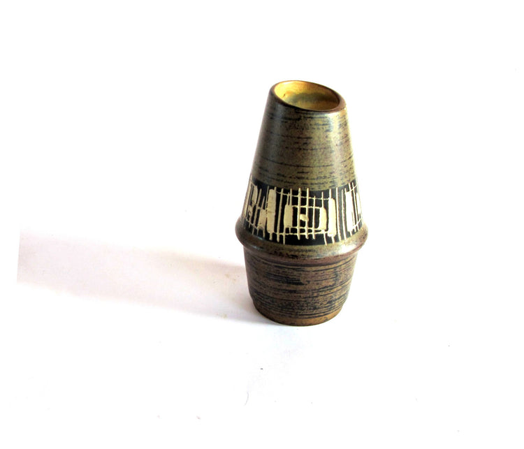 Ceramic vase. Vintage vase. Pottery vase. Brown pottery. Small vase. Bud vase. Brown vase. Textured vase. Diagonal vase.