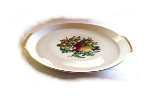 Platter vintage. Cake plate. Ceramic platter. Trinket tray. Cake platter. Gold trim dish. Fruit design. White ceramic round platter.