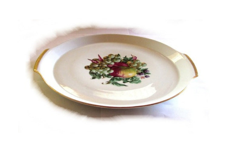 Platter vintage. Cake plate. Ceramic platter. Trinket tray. Cake platter. Gold trim dish. Fruit design. White ceramic round platter.