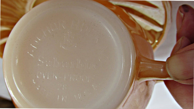 Anchor hocking. Lusterware. Glass tea set. Peach Luster. Anchor hocking glass. Swirl pattern. Suburbia series. Vintage tea set.