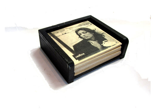 Advertising vintage. Wood coasters. Coffee accessories. Coffee coasters. Square coasters. Black and white coasters. Lavazza advertizing.