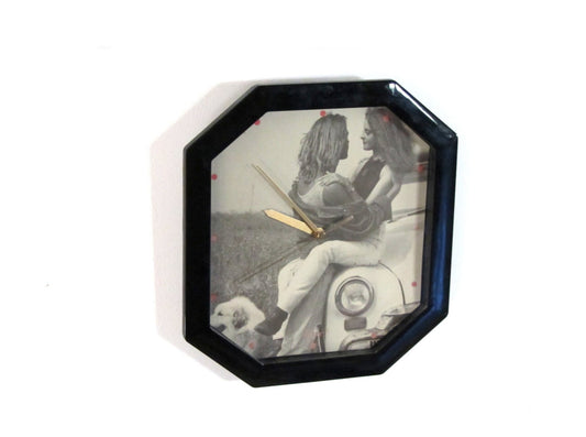 Wall clock. Vintage advertising. Hippie decor. Black clock. Retro wall clock. Electric clock. Hippie van. Hippie lovers. Octagon clock.