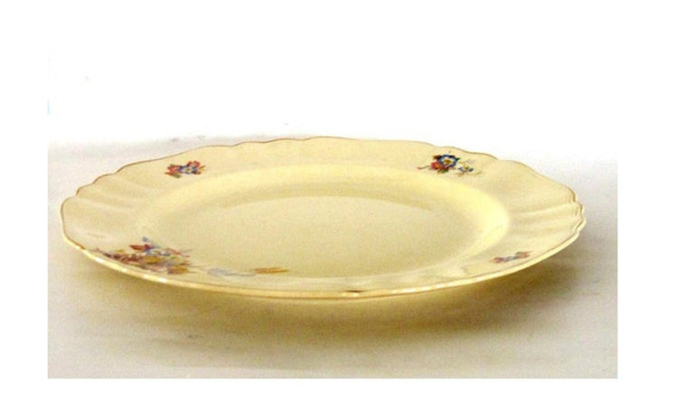 Mid century ceramic. Floral china. Gold trim china. Yellow china. China platter. Large platter. Porcelain dinnerware. J G Meakin. Sunshine.