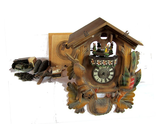 Black forest vintage. Music box. Wood clock. Wood wall clock. Clock parts. Mechanical clock. Cuckoo clock. Hand carved. Needs reassembly.