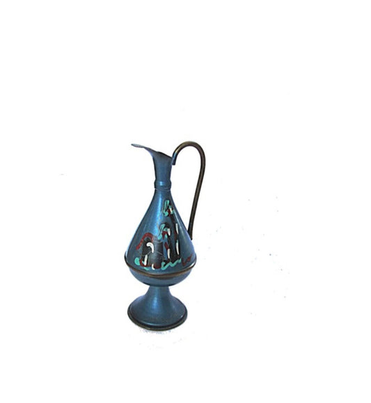 Blue vase. Small vase. Bud vase. Hand painted copper. Jerusalem pedestal handled vase. Copper pitcher. Vintage. Made in Israel.