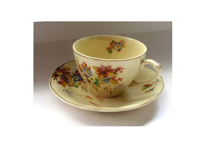 Tea cup and saucer. Floral china. Mid century ceramic. Gold trim. China dishes. Porcelain dish. Floral tea cup. J G Meakin. Sunshine series.