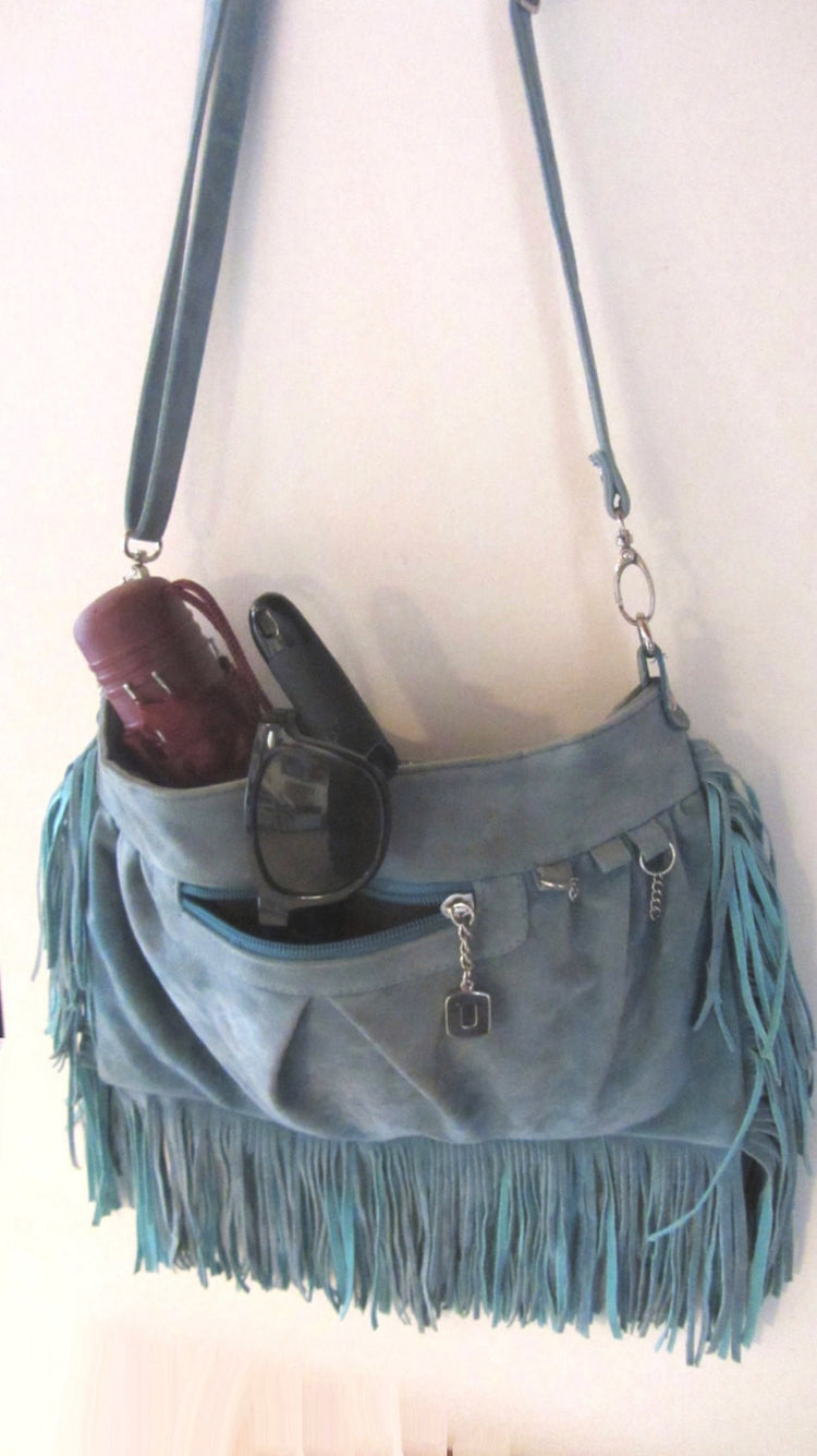 Vintage bag. Boho bag. Shoulder bag for women. Suede bag. Fringe bag. Blue suede bag. Blue shoulder bag with fringes.