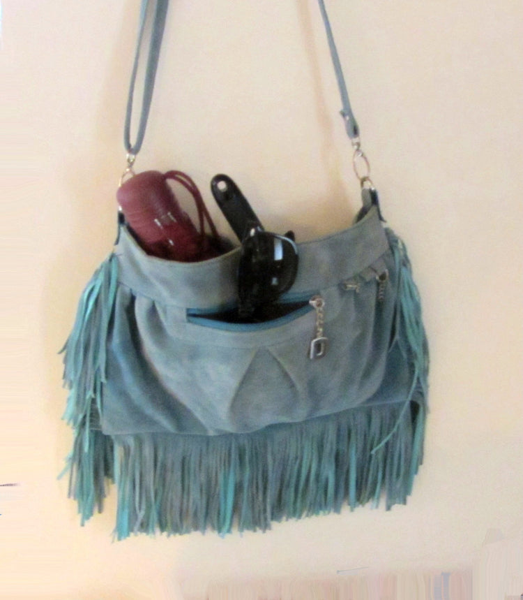 Vintage bag. Boho bag. Shoulder bag for women. Suede bag. Fringe bag. Blue suede bag. Blue shoulder bag with fringes.