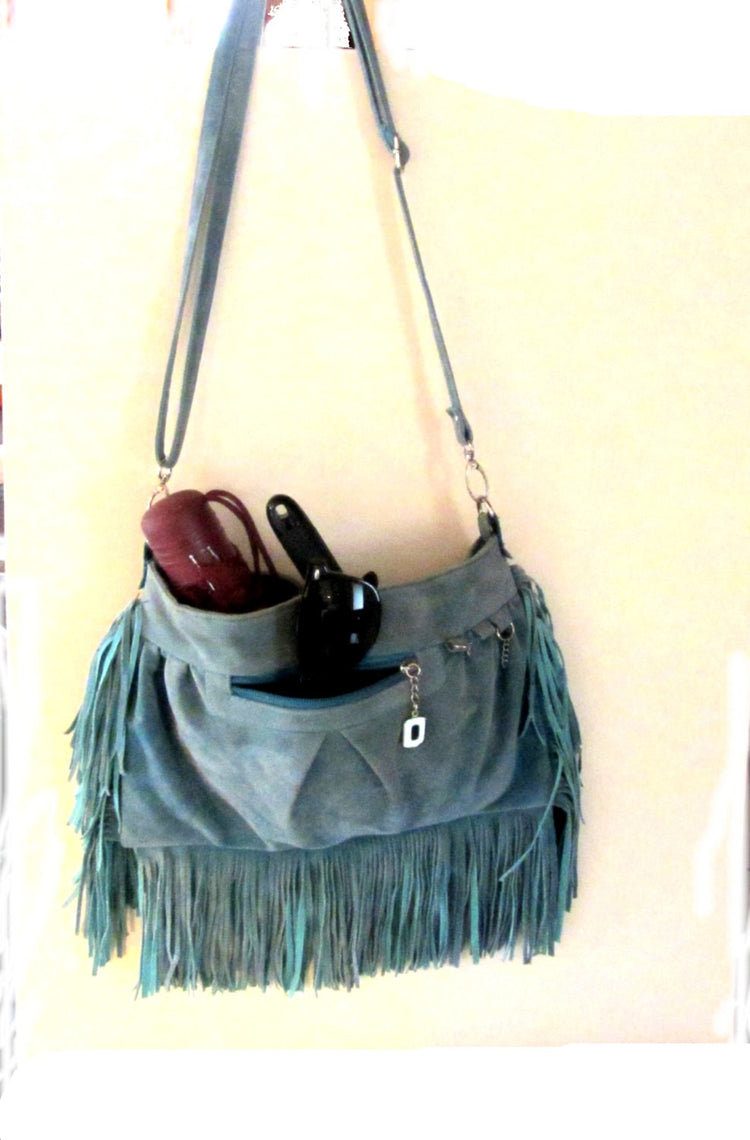 Vintage bag. Boho bag. Shoulder bag for women. Suede bag. Fringe bag. Blue suede bag. Blue shoulder bag with fringes.
