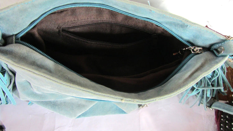Vintage bag. Boho bag. Shoulder bag for women. Suede bag. Fringe bag. Blue suede bag. Blue shoulder bag with fringes.