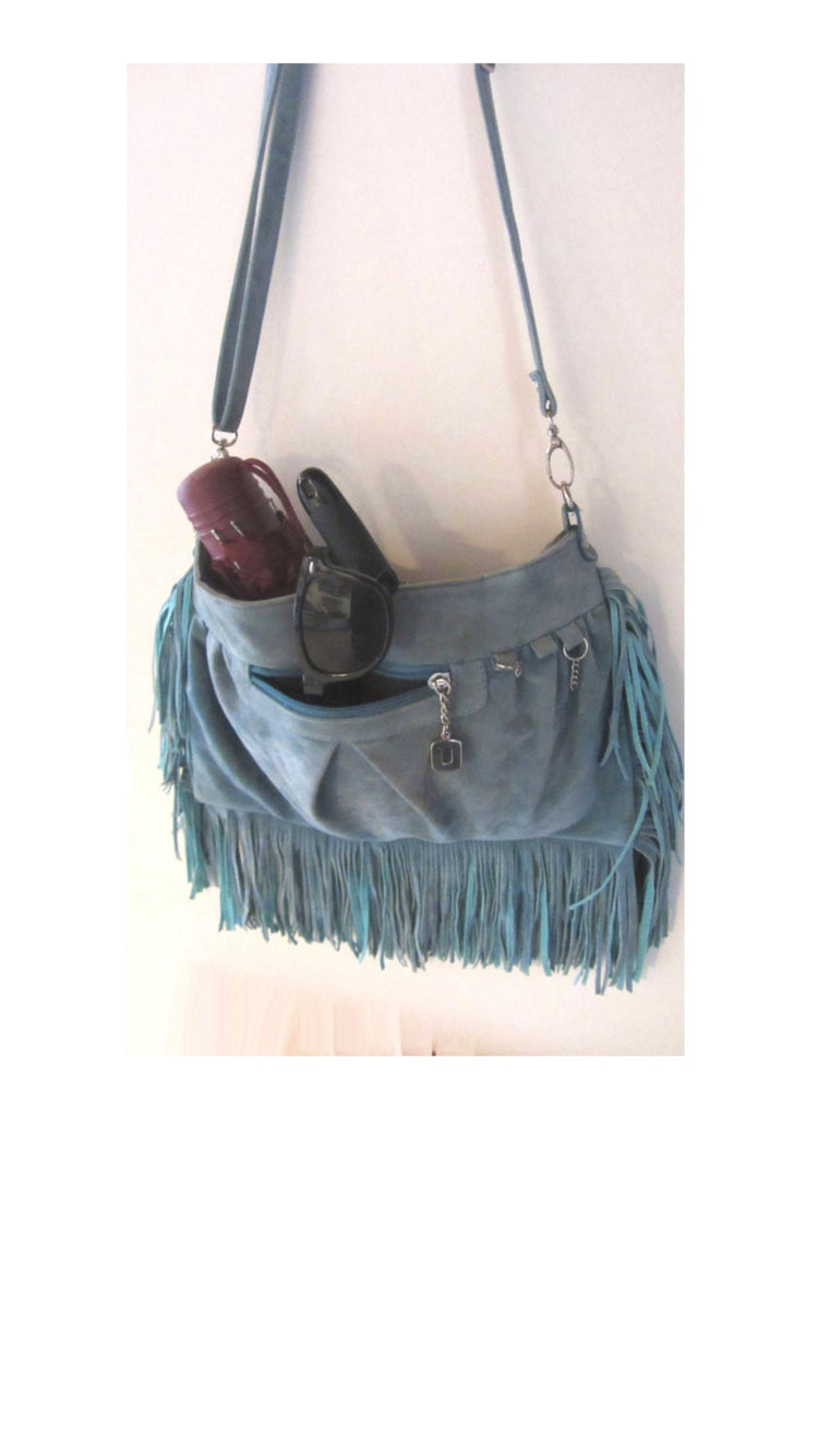 Vintage bag. Boho bag. Shoulder bag for women. Suede bag. Fringe bag. Blue suede bag. Blue shoulder bag with fringes.