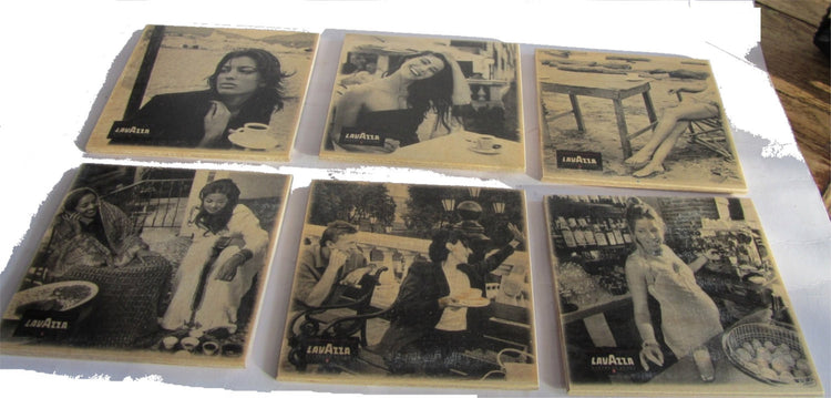Advertising vintage. Wood coasters. Coffee accessories. Coffee coasters. Square coasters. Black and white coasters. Lavazza advertizing.